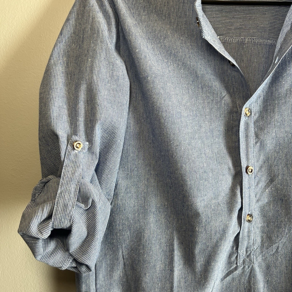 Tunic Top V-Neck Button Roll-Tab Sleeve Blue Stripe Woman’s Large No Tag - Picture 4 of 16